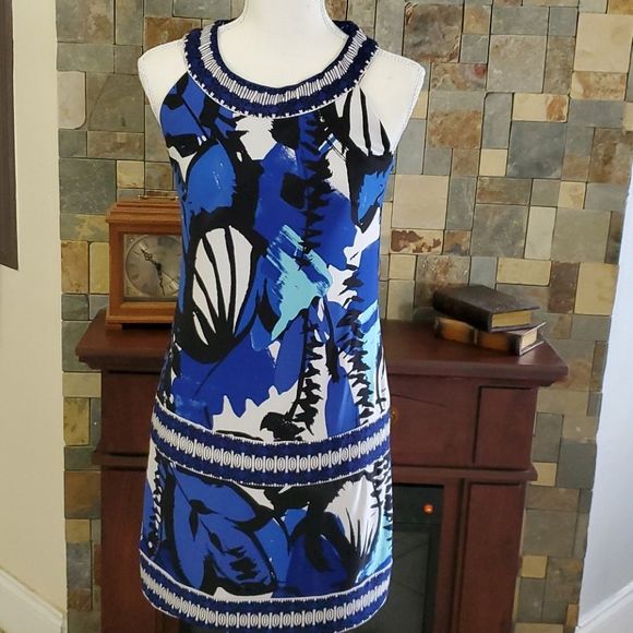 INC Blue Black Retro 90s Abstract Print Sleeveless Stretchy Mini Dress - Picture 1 of 9